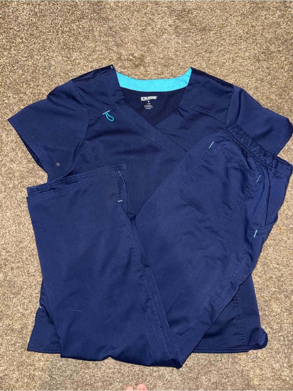Scrubstar Navy Scrub Top & straight Pants with Aqua Trim